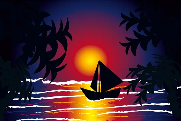 Bateau coucher de soleil mer — Image vectorielle