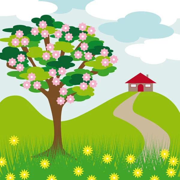Rosa flor árbol colina y casa — Vector de stock