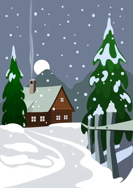 눈덮인 숲 속의 집의 삽화 — 스톡 사진