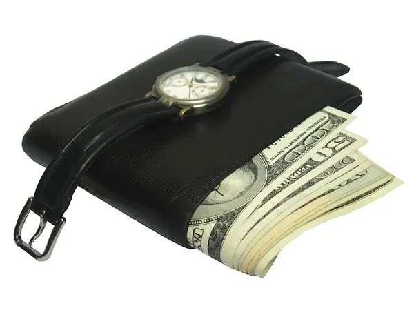 Carteira cheia de dinheiro e um relógio sobre — Fotografia de Stock