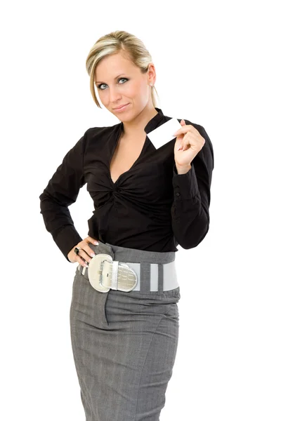 Business woman holding a blank businesscard — Stock Photo, Image