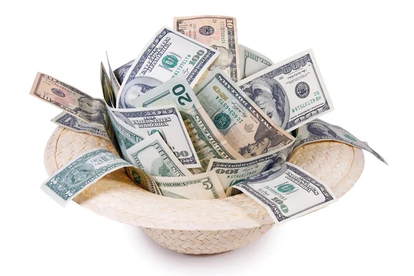 Money in the straw hat — Stock Photo, Image