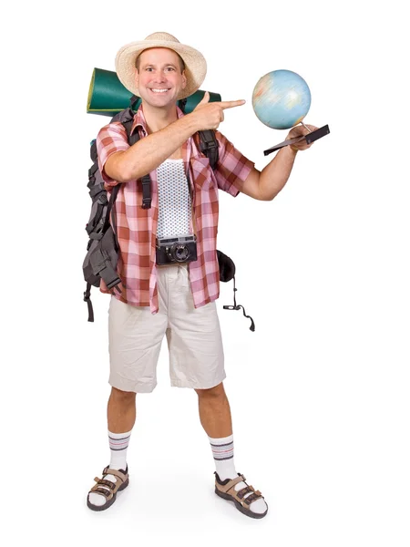 Turista sorridente com globo — Fotografia de Stock