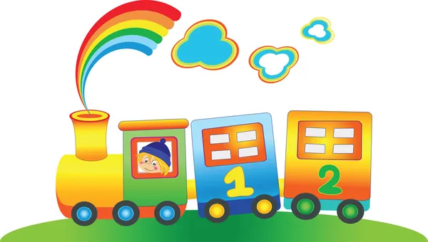 Muchacho de dibujos animados en el tren arco iris de hadas — Vector de stock