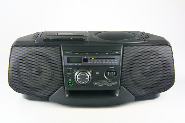 Stereo boombox with CD and cassette player on white