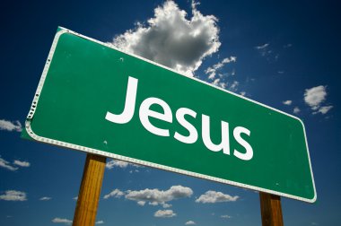 Jesus Road Sign Over Sky and Clouds clipart