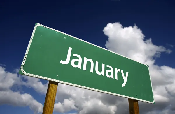 Januari groene verkeersbord — Stockfoto