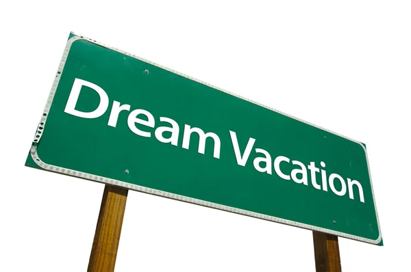 Dream Vacation Green Road Sign on White — Stock Photo, Image