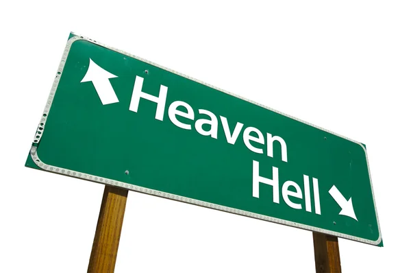 Céu, inferno sinal de estrada verde no branco — Fotografia de Stock