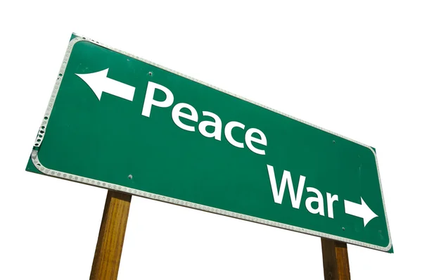 Paz, Guerra sinal de estrada verde em branco — Fotografia de Stock