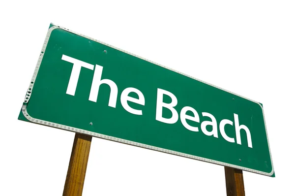 The Beach Green Road Sign On White — Stock Photo, Image