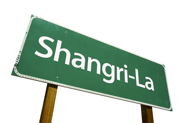 Готель Shangri-La зелений дорожній знак на білому — стокове фото