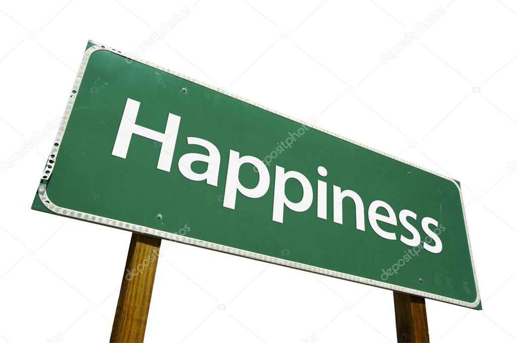Happiness Green Road Sign on White