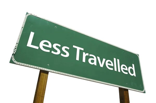 Less Traveled Green Road Sign On White — Stock Photo, Image