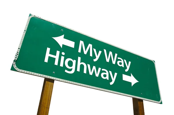 My Way, Highway Green Road Sign On White — Stock Photo, Image