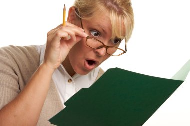 Shocked Woman with Pencil and Folder