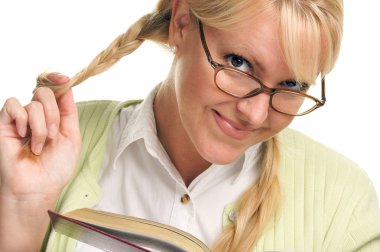 Female With Ponytails Reads Her Book clipart