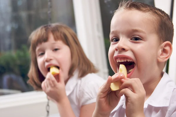 Сестра и брат едят яблоко — стоковое фото