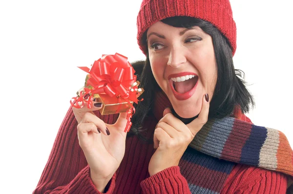 Attractive Woman Holds Holiday Gift — Stock Photo, Image