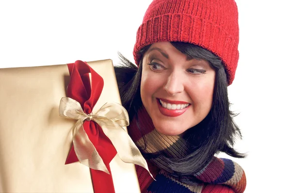Pretty Brunette Holds Holiday Gift — Stock Photo, Image