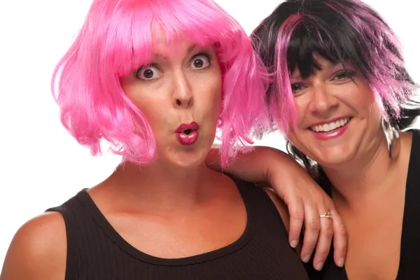 Two Pink & Black Haired Gals — Stock Photo, Image