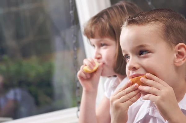 Soeur et frère mangeant des fruits — Photo