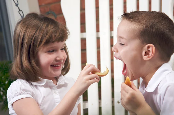 Syster och bror mata varandra frukt — Stockfoto
