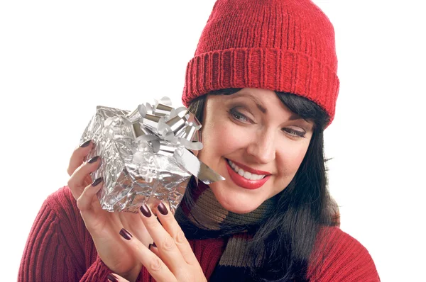 Brunette Girl Holds Holiday Gift — Stock Photo, Image
