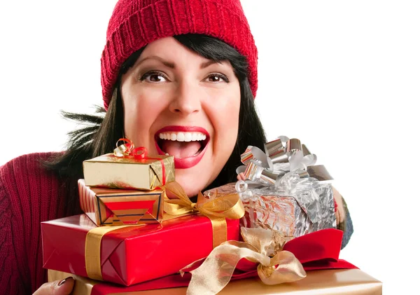 Glückliche Frau mit Stapel von Geschenken — Stockfoto