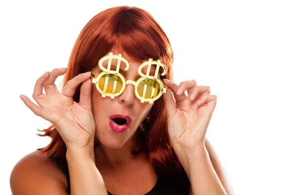 Red Head with Bling-Bling Dollar Specs — Stock Photo, Image