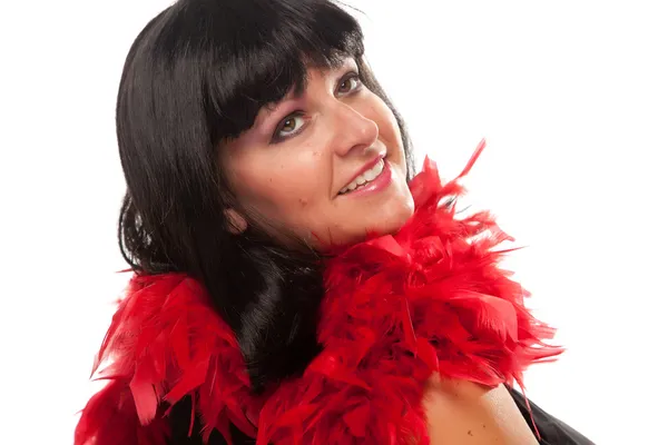 Pretty Girl Smiling with Red Feather Boa — Stock Photo, Image