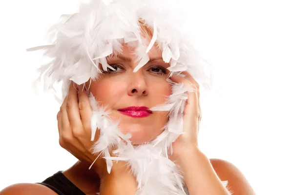 Pretty Girl with White Boa Isolated — Stock Photo, Image