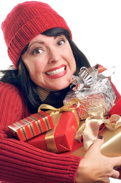 Brunette Woman Holds Holiday Gifts — Stock Photo, Image