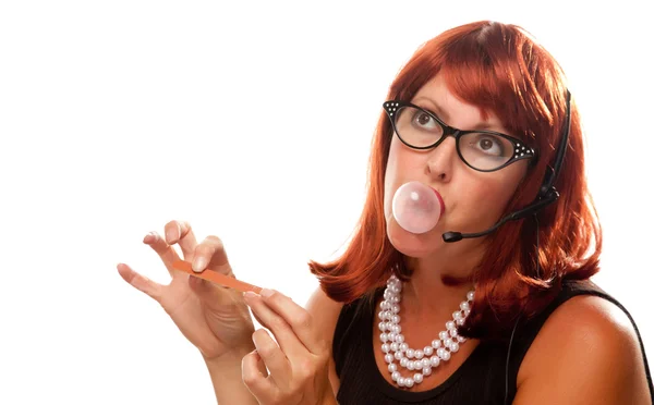 Red Head Retro Receptionist Chews Gum — Stok fotoğraf