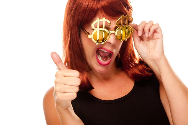 Rött huvud flicka i dollartecken glasögon — Stockfoto