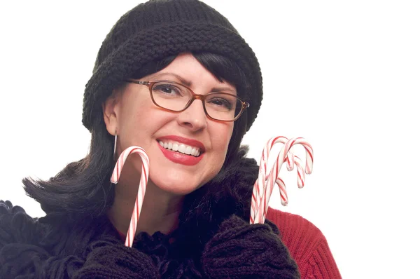 Woman on White Holding Candy Canes — Stock Photo, Image