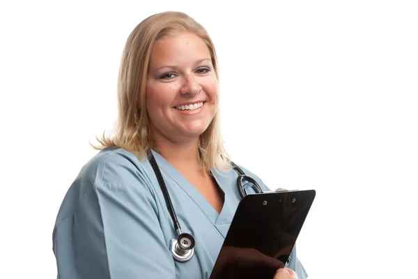 Vriendelijke vrouwelijke blonde arts of verpleegkundige — Stockfoto