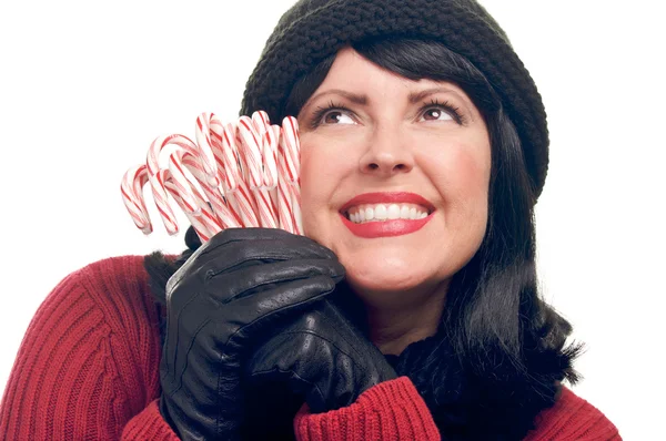 Woman on White Holding Candy Canes — Stock Photo, Image