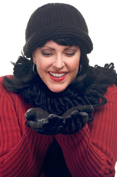 Heyecanlı kadın, kış giysileri, eller — Stok fotoğraf