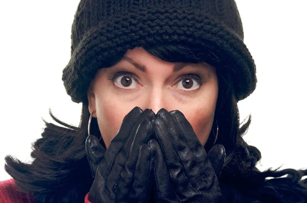 Donna eccitata, Abbigliamento invernale mani fuori — Foto Stock