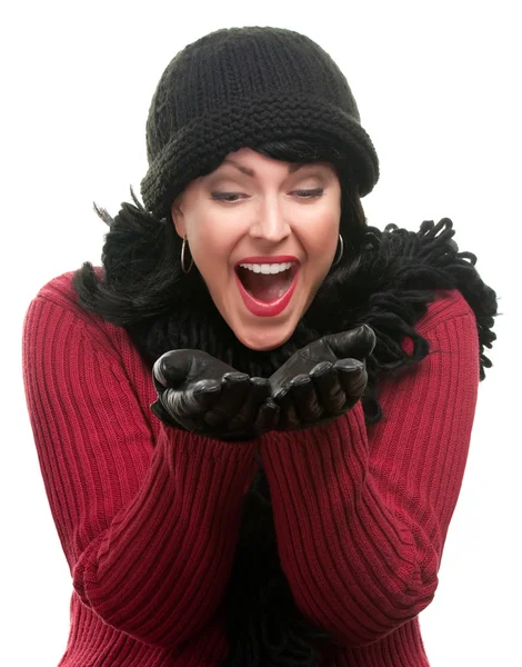 Izgatott nő, téli ruhák kezek — Stock Fotó