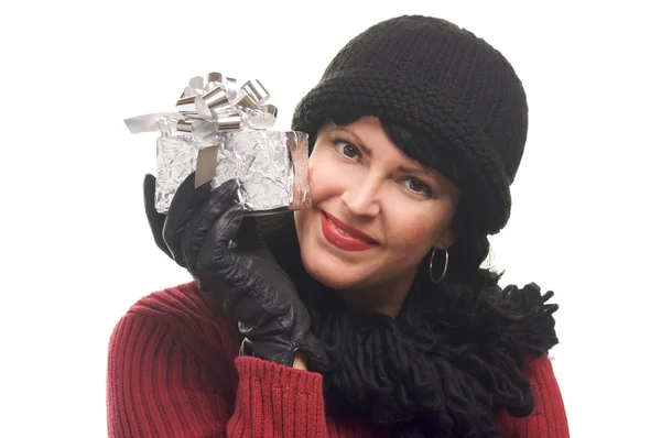 Pretty Brunette Holds Holiday Gift — Stock Photo, Image