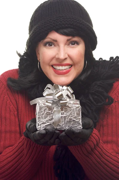 Attractive Woman Holds Holiday Gift — Stock Photo, Image