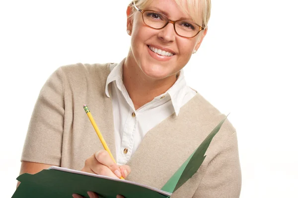 Piękna kobieta z folderu i ołówek — Zdjęcie stockowe