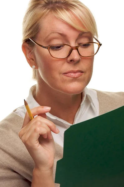 Beautiful Woman with Pencil and Folder — Stock Photo, Image