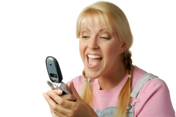 Mensajes de texto de chica feliz con teléfono celular —  Fotos de Stock