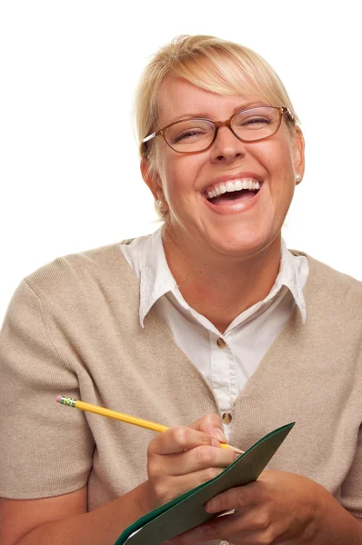 Mulher rindo com lápis e pasta — Fotografia de Stock