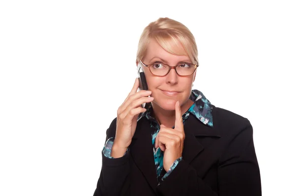 Geïntrigeerd blonde vrouw met behulp van telefoon — Stockfoto