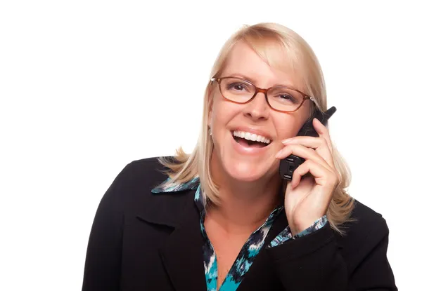 Skrattande kvinna på vitt med telefonen — Stockfoto