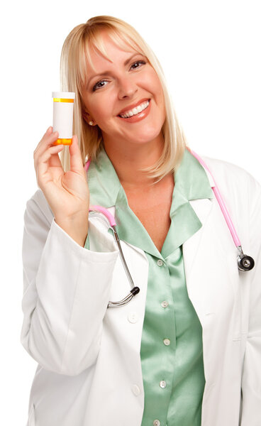 Female Doctor with Blank Pill Bottle